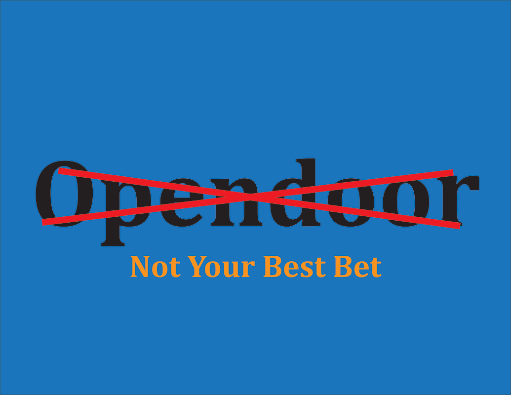 Red X over the word Opendoor against a blue background, emphasizing the risks of selling homes through the iBuyer, Opendoor.