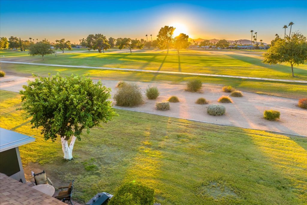 Sunset over the 9th Fairway at Willowcreek Golf Course, view from 18410 N 104th Avenue, Sun City, AZ